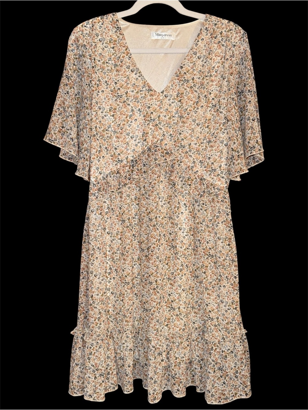 Manydress Beige Ditsy Floral V-Neck Ruffle Midi Dress Women’s Sz Medium
